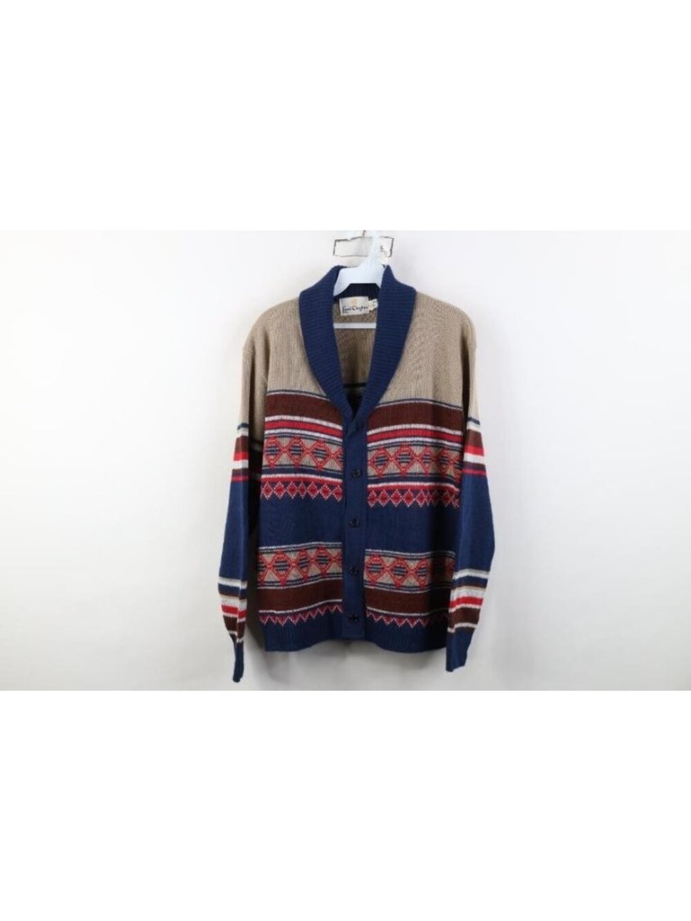 Deadastock Vintage 60s 70s Mens Large Fair Isle Knit Shawl Cardigan Sweater USA